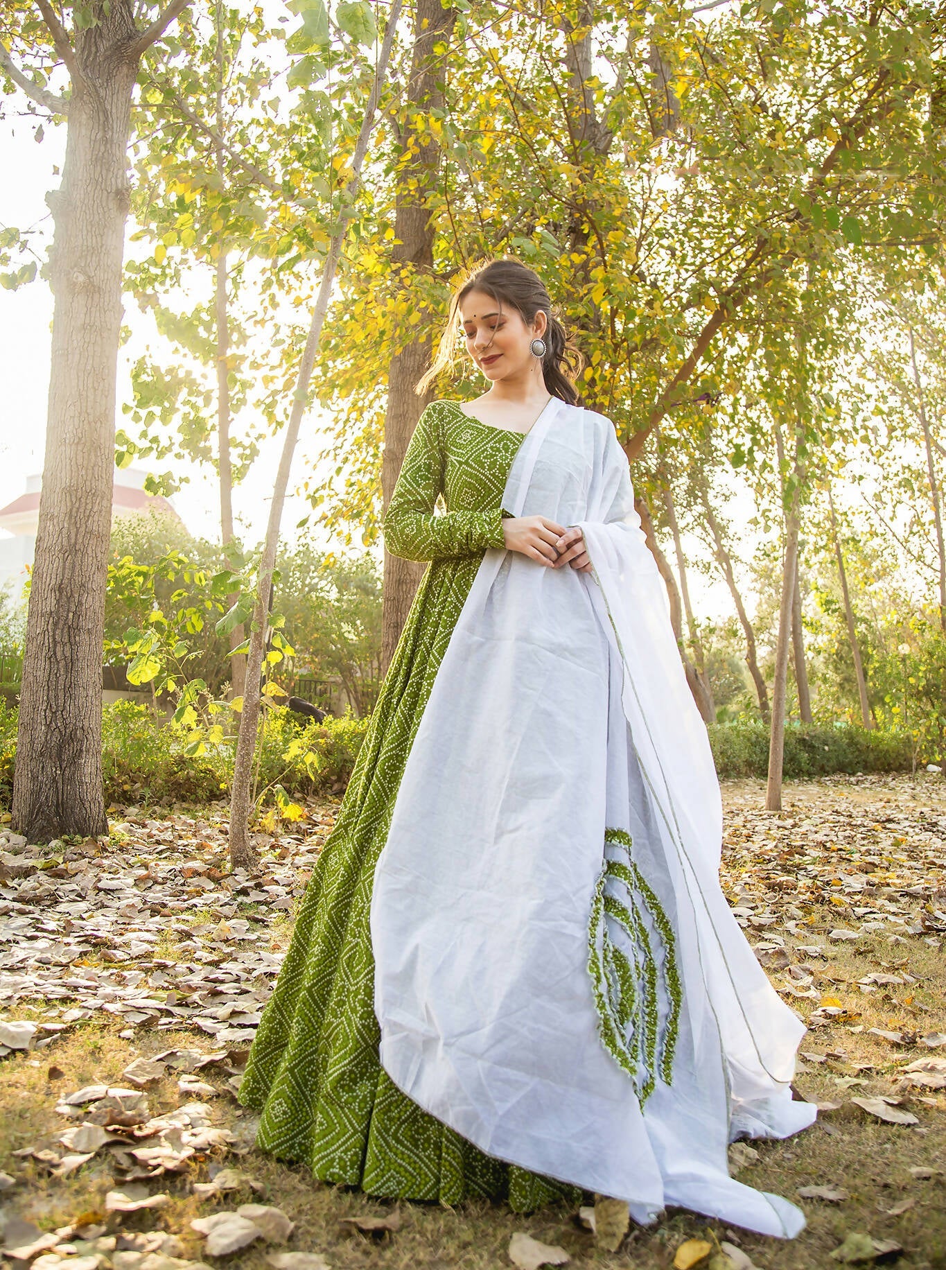 Green Pure Maslin Bandhej Print Work Stitched Suit With Dupatta - Anbazaar | Swadesiicart