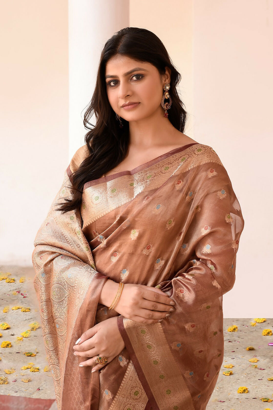 Joban Fashion Copper Pure Banarasi Tissue Saree | Swadesiicart