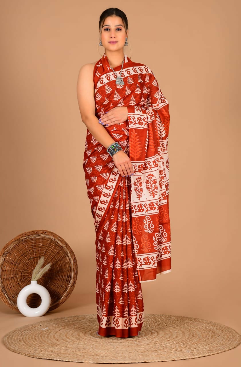 Exclusive Collection Red Beautiful Mulmul Cotton Saree - Swadesiicart