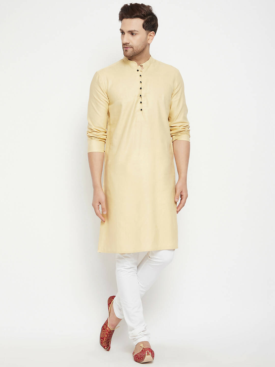 Even Apparels Beige Pure Cotton Long Men's Kurta With Band Collar | Swadesiicart