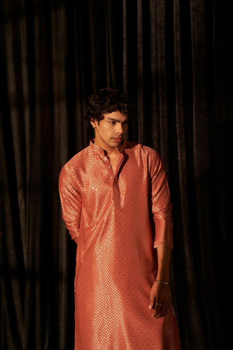Red viscose Chikankari Embroidery Work Men's Traditional Kurta Set - Mahotsav | Swadesiicart