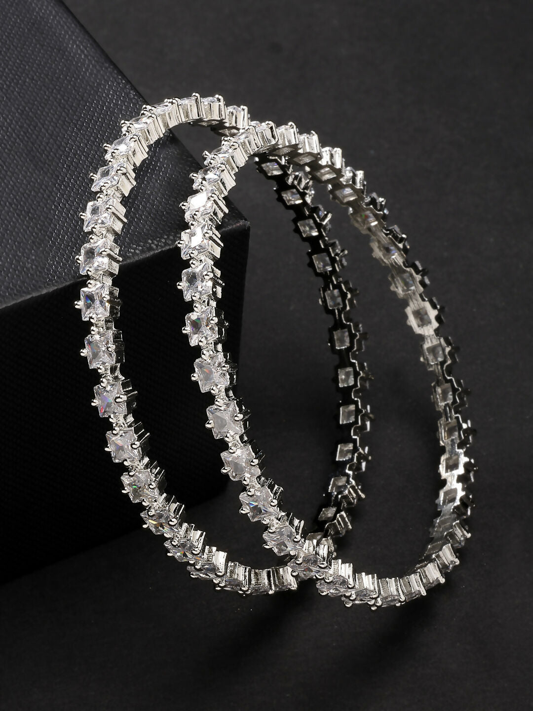 NVR Women's Set of 2 Silver-Plated CZ Stone-Studded Handcrafted Bangles - Swadesiicart