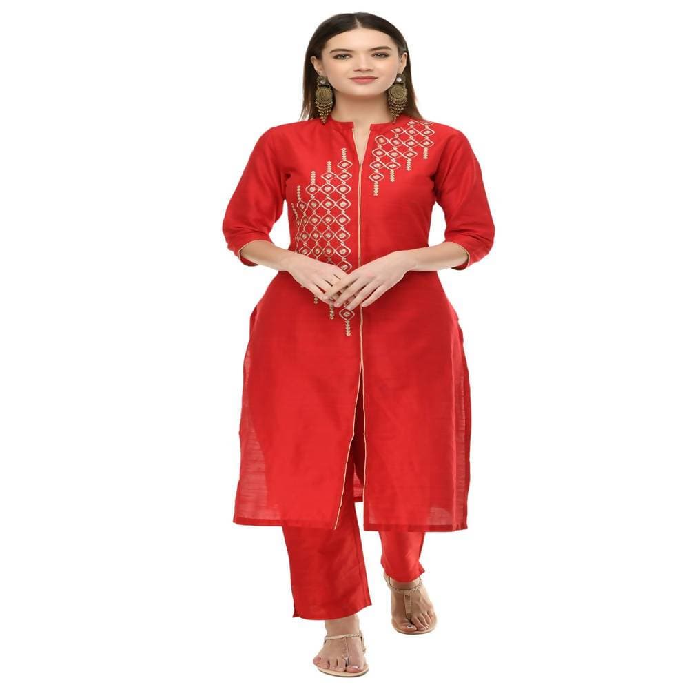 Lagi Women's Red Poly silk Straight Embroidred Kurta Pant (RO115B) | Swadesiicart