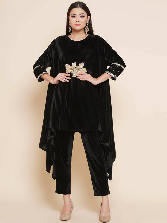 Women Republic Black Velvet Kaftaan Style Kurta With Pants | Swadesiicart