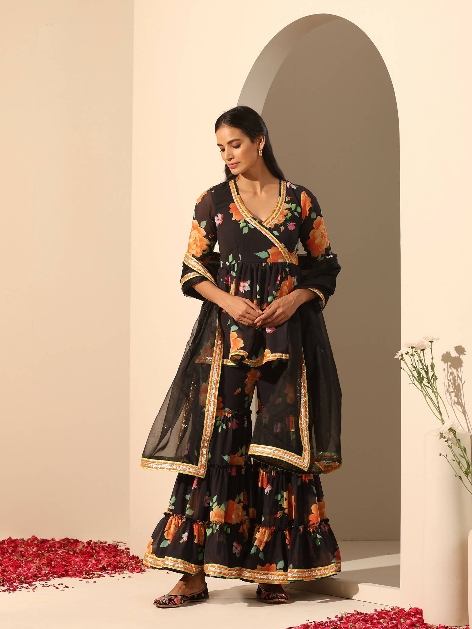 Pomcha Jaipur Black Gul Narangi Sharara Set | Swadesiicart
