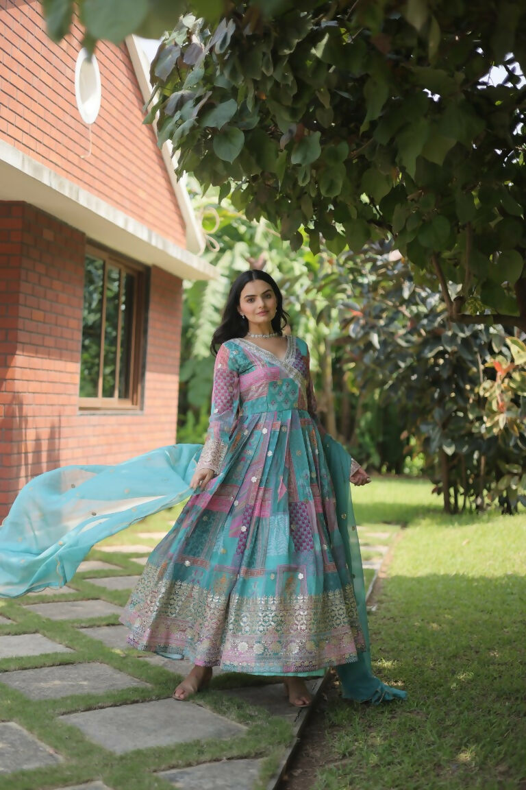 Jyoti Fashion Women's Sky Blue Russian Silk Digital Print with Embroidered Anarkali Dress with Dupatta | Swadesiicart
