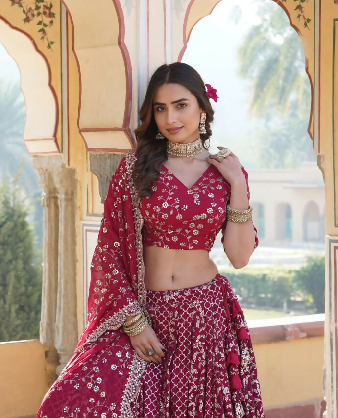 Lorenvalley Ranipink Pure Viscose Jacquard With Embroidered Sequins work Lehenga Choli | Swadesiicart
