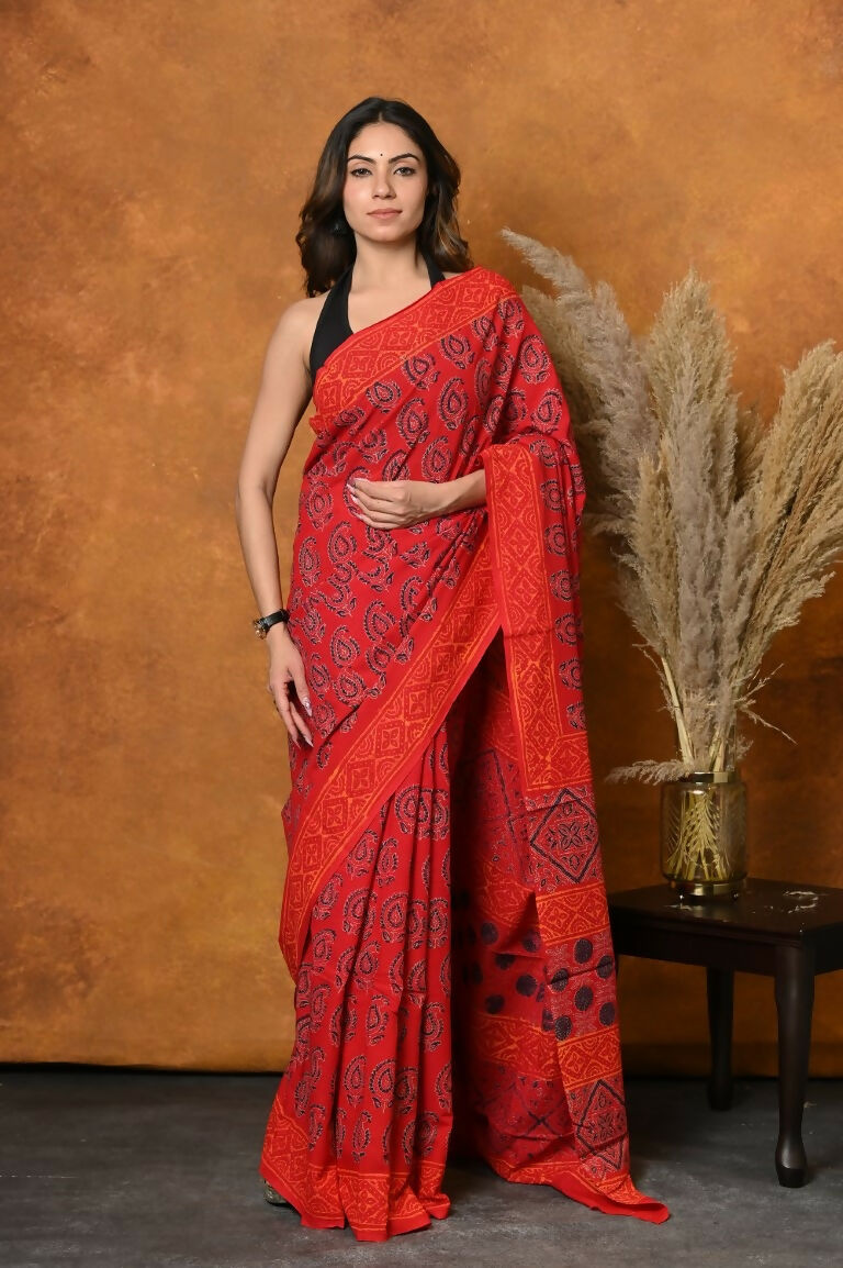 Very Much Indian Handblock Printed Cotton Saree With Natural Dyes - Red | Swadesiicart