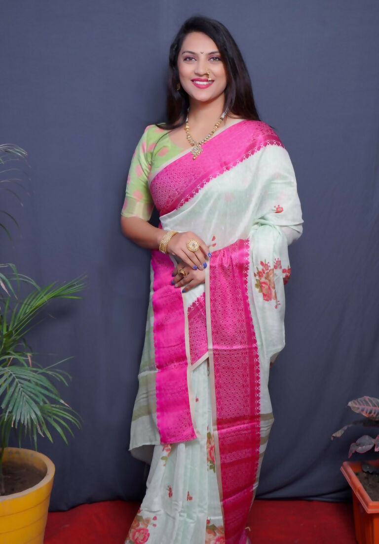 Jyoti Fashion Women's Magenta Linen Silk Digital Print with Jacquard Woven Border Saree with Blouse | Swadesiicart