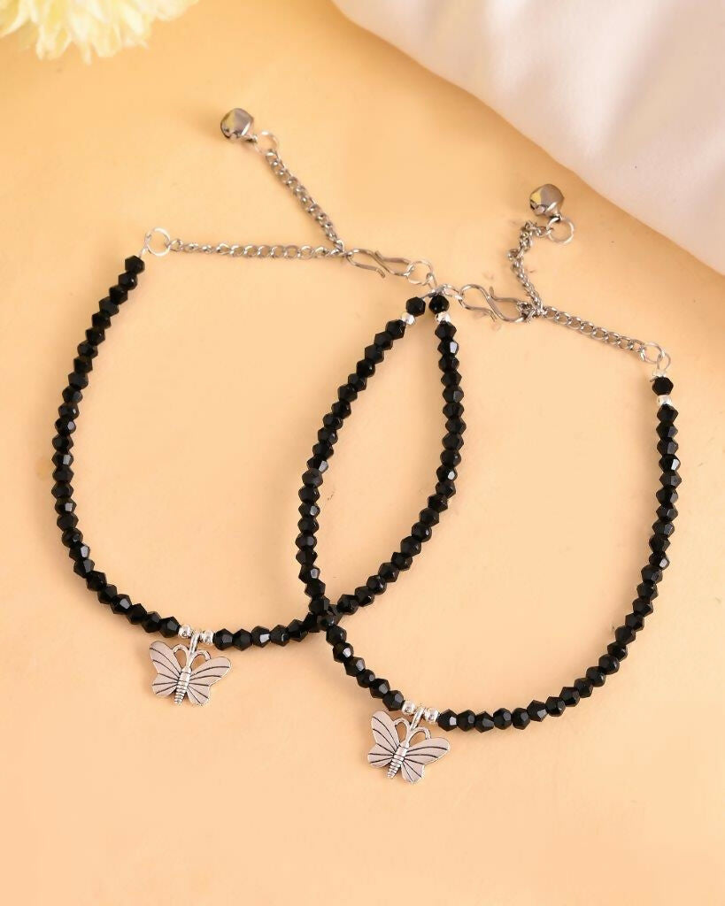 VOJ Set of 2 Butterfly Black Beads Anklet - Swadesiicart