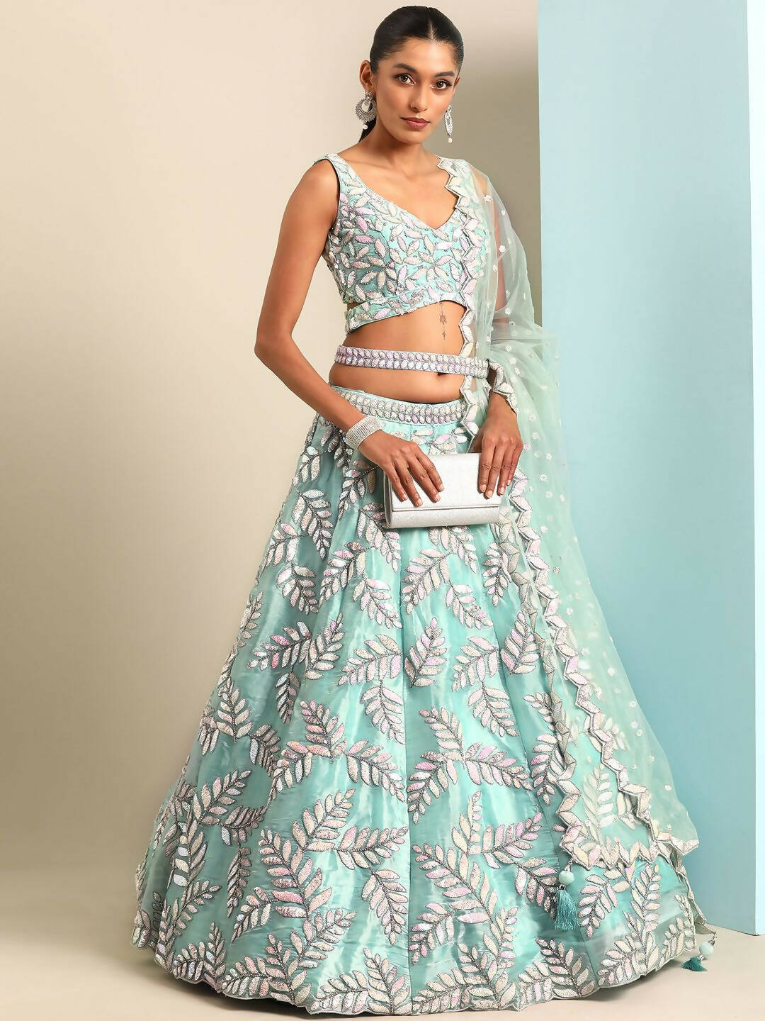 House of Panchhi Turquoise Blue Organza Sequins & Zarkan embroidery Lehenga choli & Dupatta | Swadesiicart
