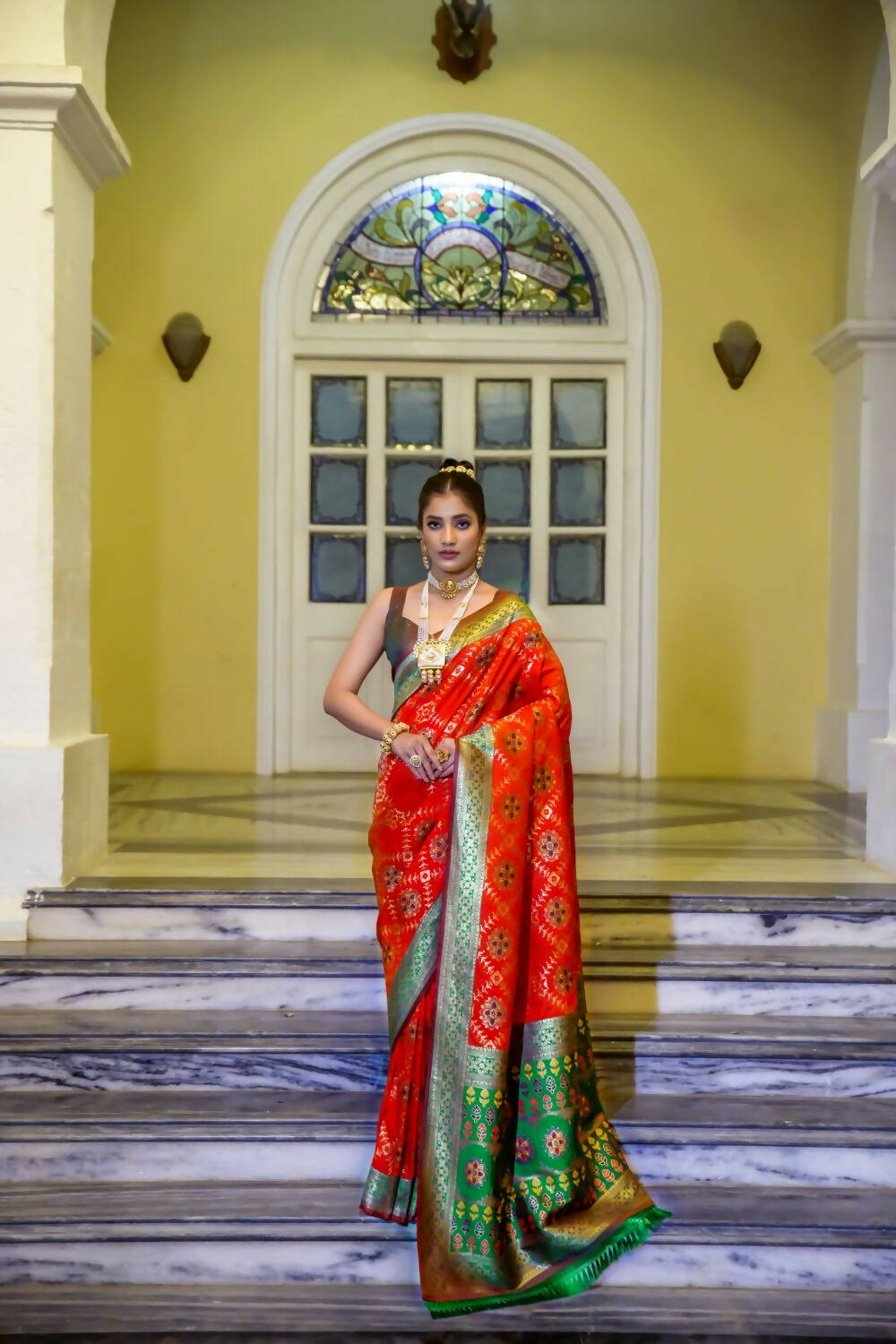 Vishnu Weaves Women's Red Patola Banarasi Silk Meenakari Zari Woven Saree with Blouse - Swadesiicart