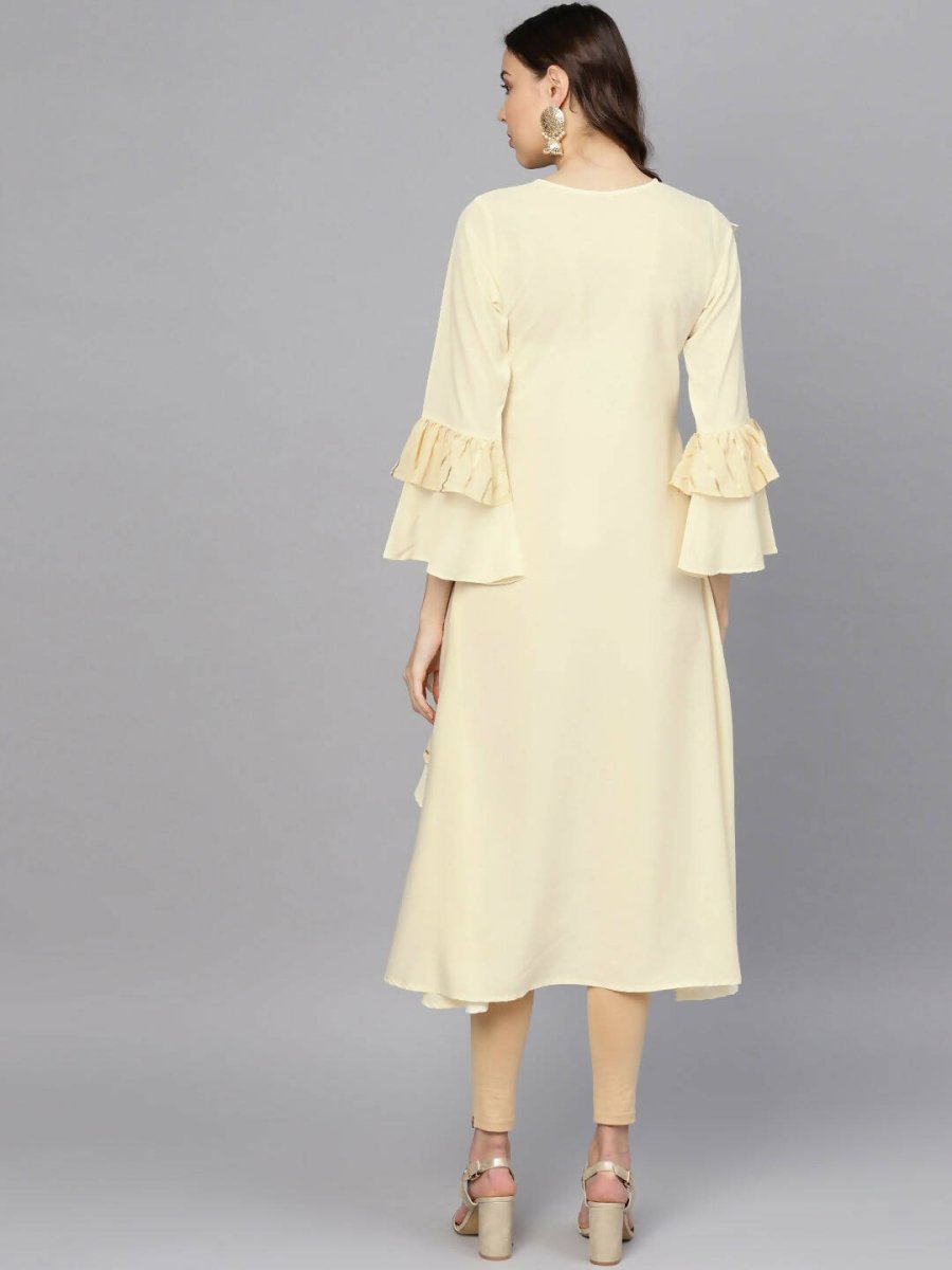 Ahalyaa Cream Crepe Angarkha Style Ruffled Kurta For Women | Swadesiicart