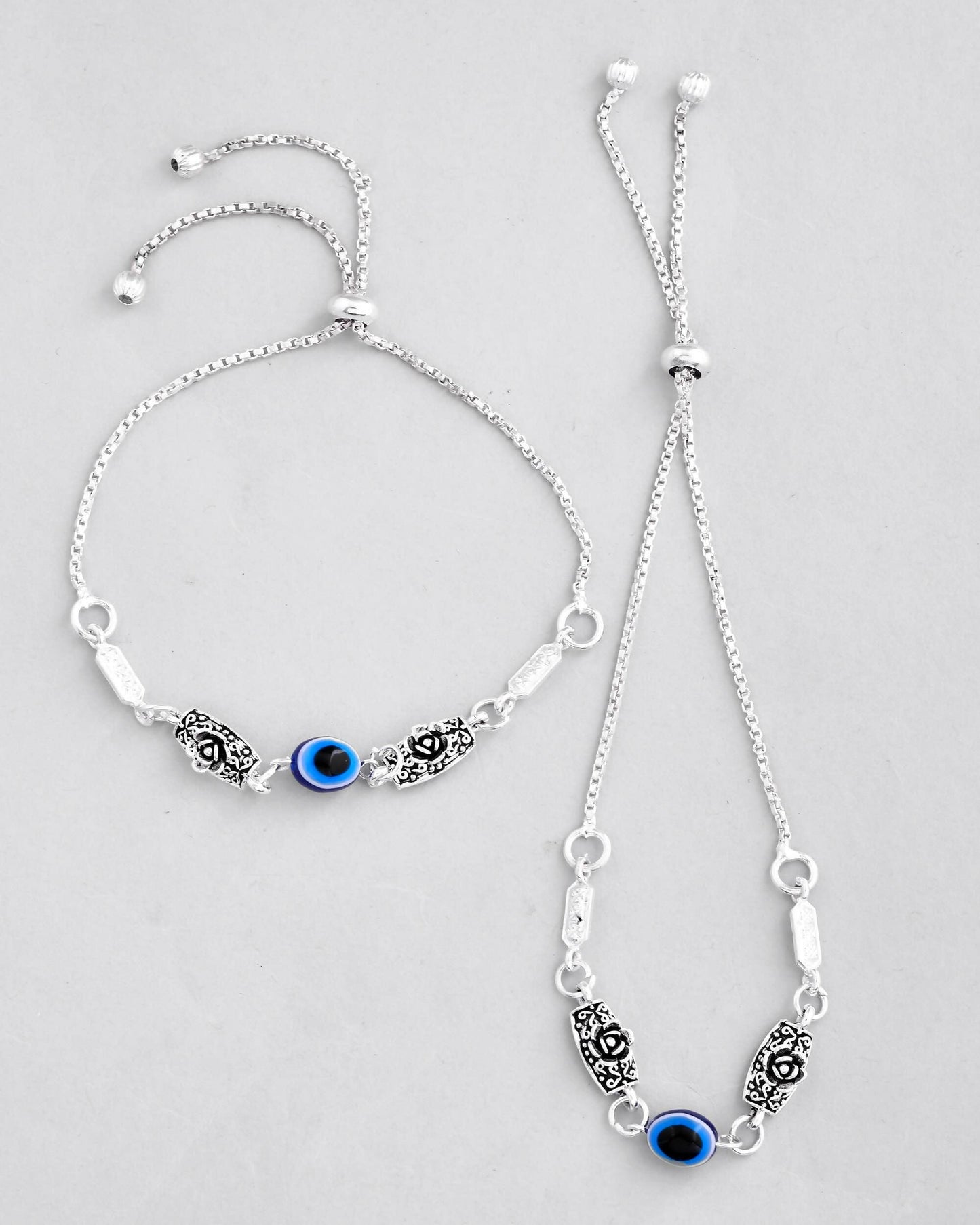 VOJ Set of 2 Silver Plated Flower And Evil Eye HandCrafted Anklet - Swadesiicart