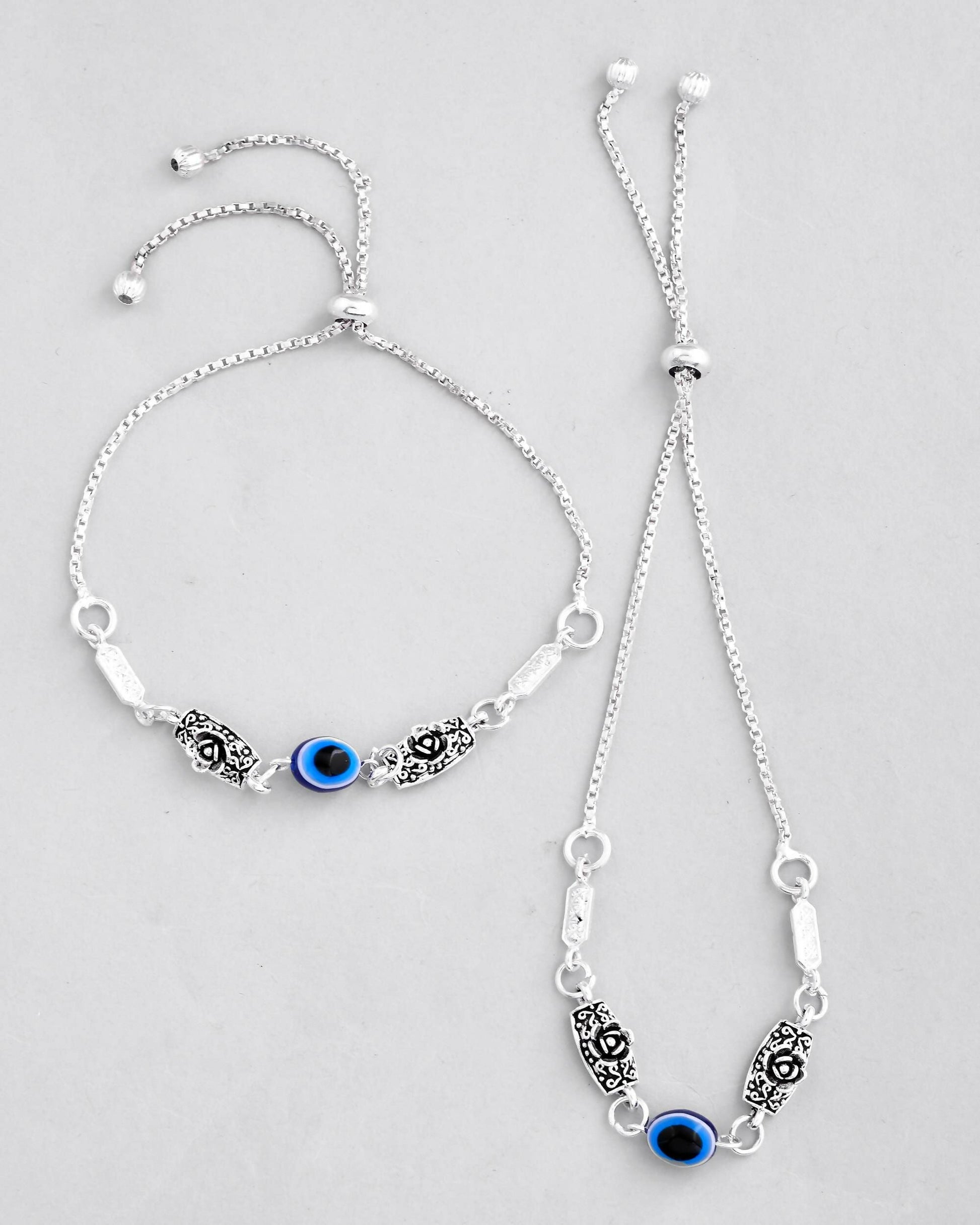 VOJ Set of 2 Silver Plated Flower And Evil Eye HandCrafted Anklet - Swadesiicart