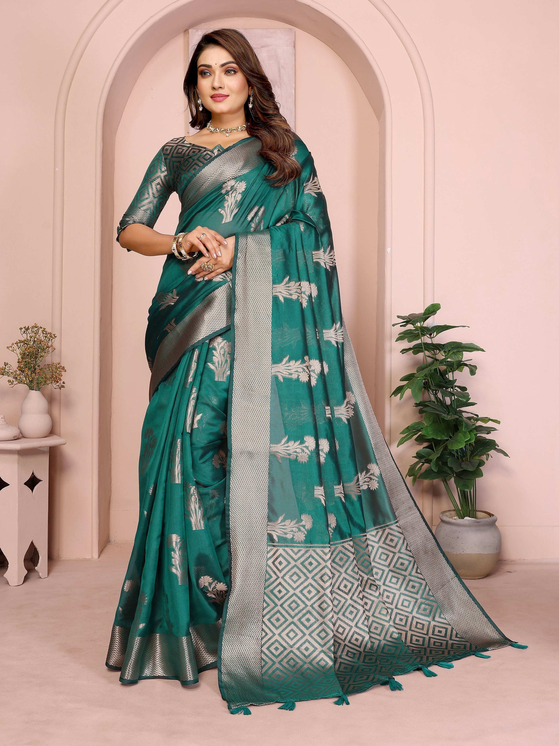 Aastha Fashion Green Soft Organza Silk Weaving Saree