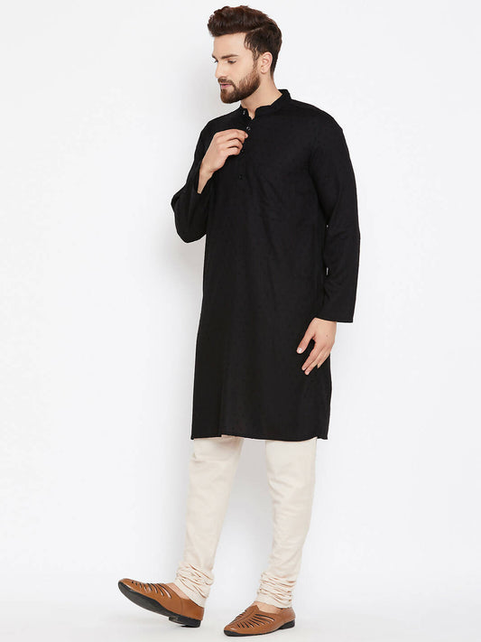 Even Apparels Black Pure Cotton Band Collar Men's Kurta | Swadesiicart