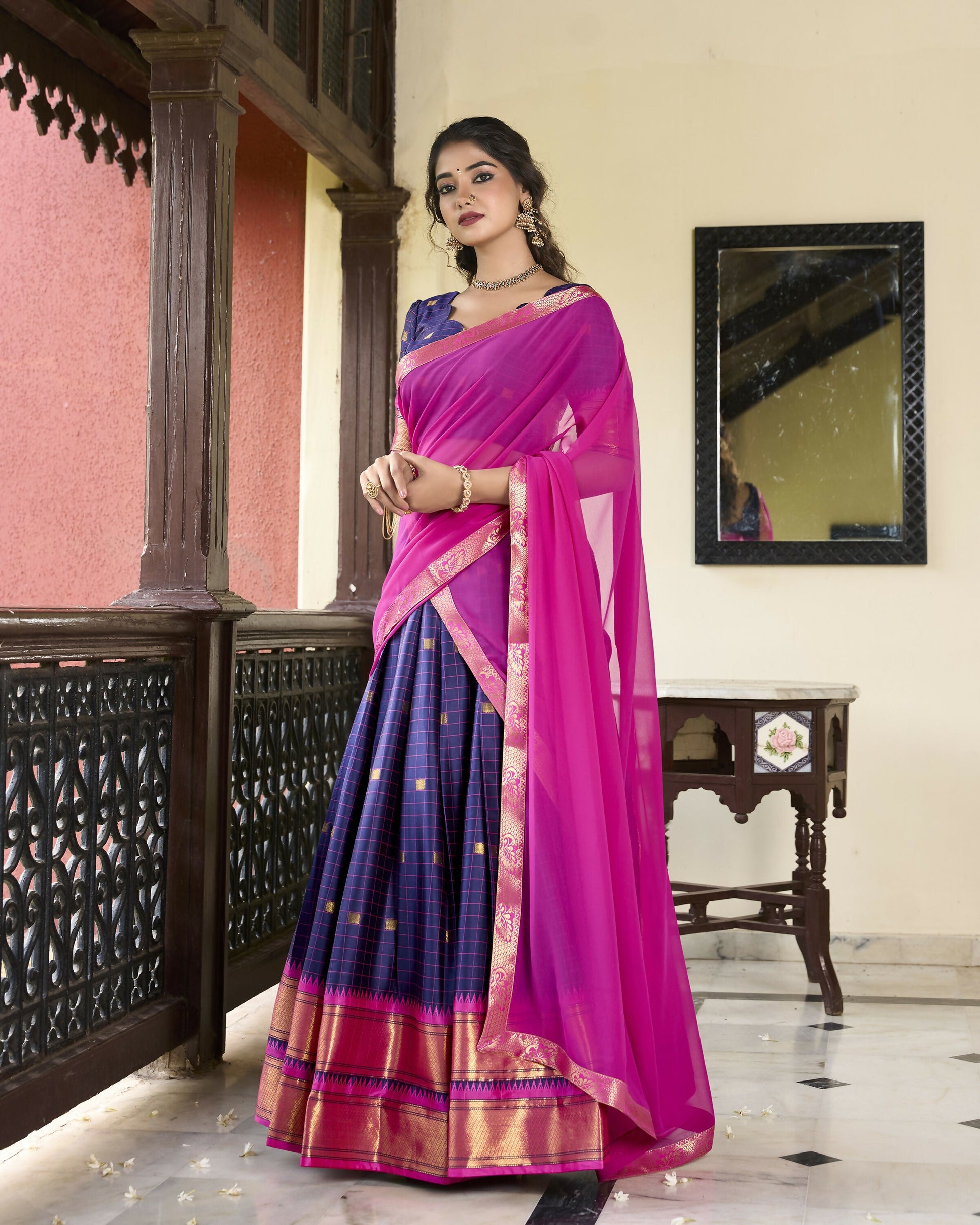 Lorenvalley Navyblue Cotton Silk Weaving Work With Paithani Concept Lehenga Choli | Swadesiicart