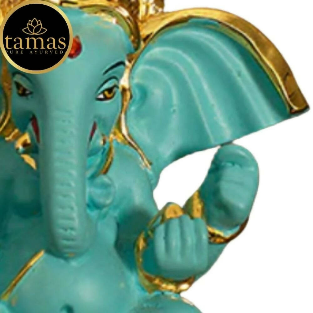 Tamas Gold-Polished Gaj Karna Ganesh Idol Flora Blue & Gold Color - Swadesiicart