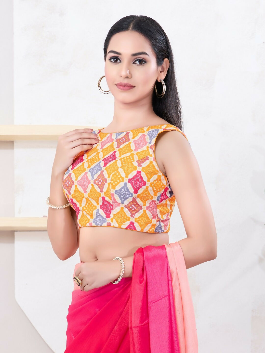 Joban Fashion Yellow Bandhani Sleeveless Back Open Blouse - Swadesiicart