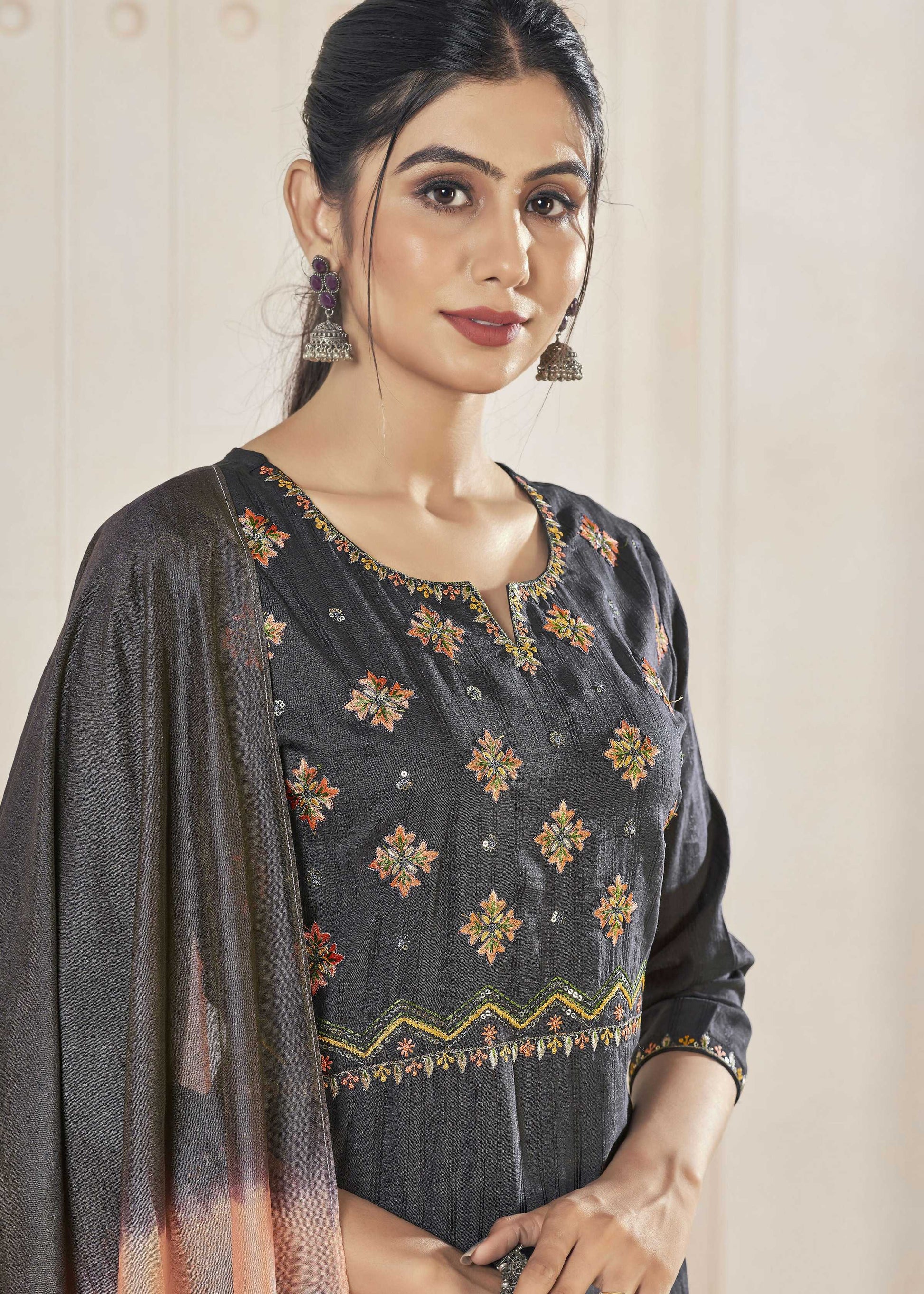 Jyoti Fashion Women's Black Pure Viscose Weaving Stripe with Embroidery Kurta Set | Swadesiicart