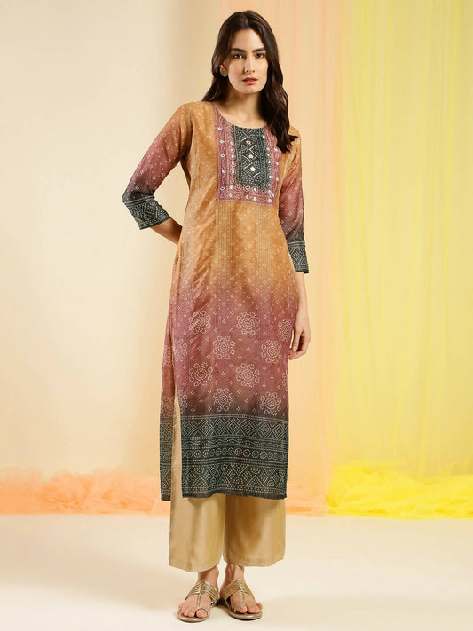 Orange Chinon Digital Printed With Hand Work Kurta - Himanshi - Swadesiicart