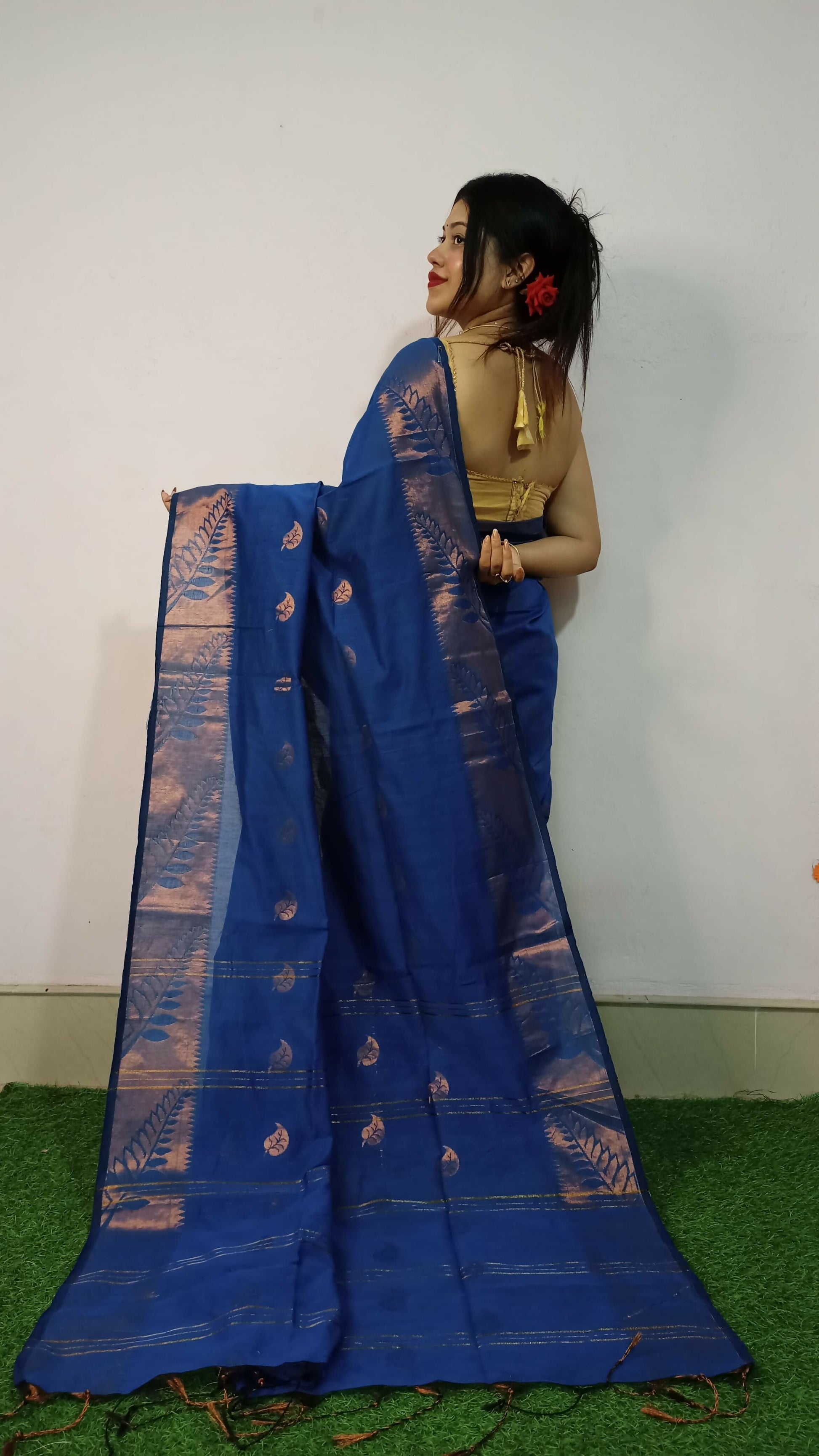 Exclusive Collection Beautiful Blue Cotton Silk Woven Handloom Saree With Running Blouse Piece - Swadesiicart