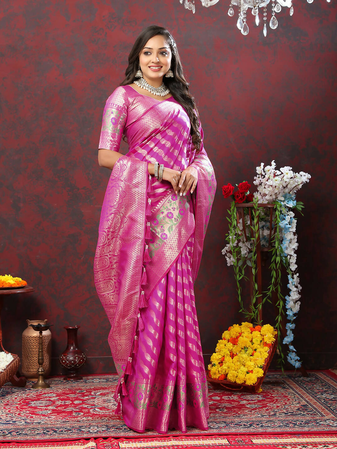 Lorenvalley Fashion Magenta Soft Silk Woven Design with Zari Weaving Leheriya Design Saree - Swadesiicart