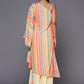 Ahalyaa Peach-Coloured & Blue Printed Striped Asymmetric Taselled Kaftan Kurta Palazzos | Swadesiicart