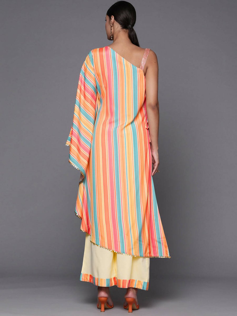 Ahalyaa Peach-Coloured & Blue Printed Striped Asymmetric Taselled Kaftan Kurta Palazzos | Swadesiicart