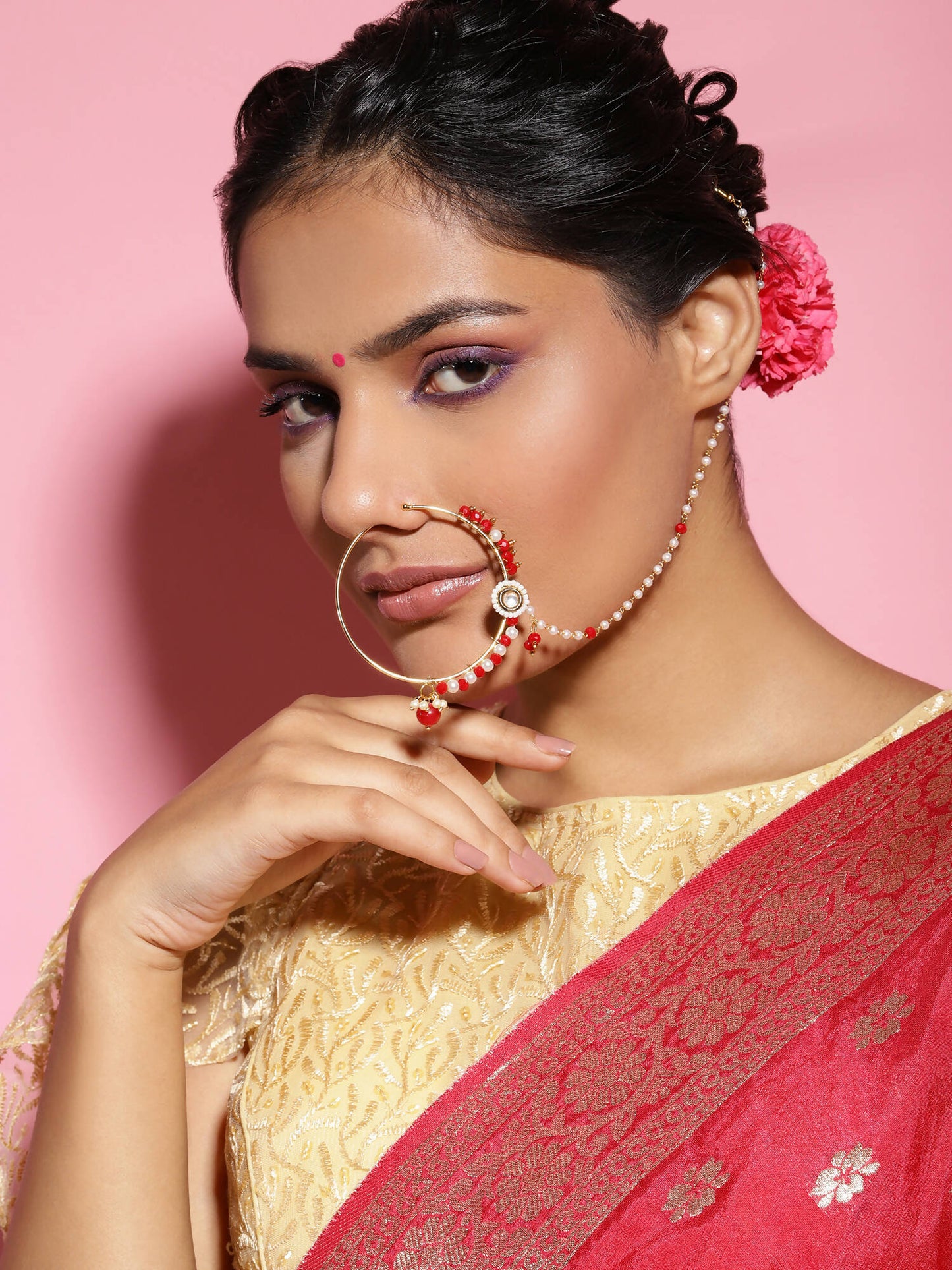 White Red Gold-Polished Kundan-Studded Beaded Nosepin - Ruby Raang | Swadesiicart