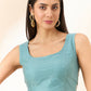 Blue Organza Geometric Embroidered Saree with Unstitched Blouse Piece - Roozal