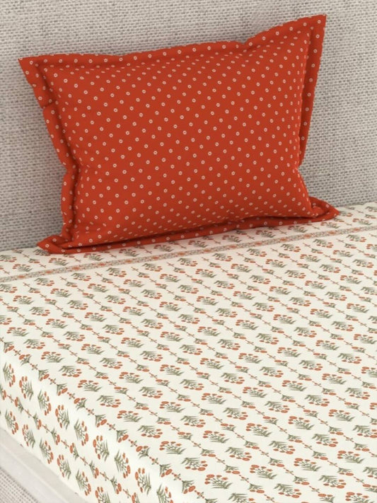 CHHAVI INDIA Cream-Coloured & Orange Floral Ultra Soft 210 TC Bedsheet with Pillow Covers - Swadesiicart