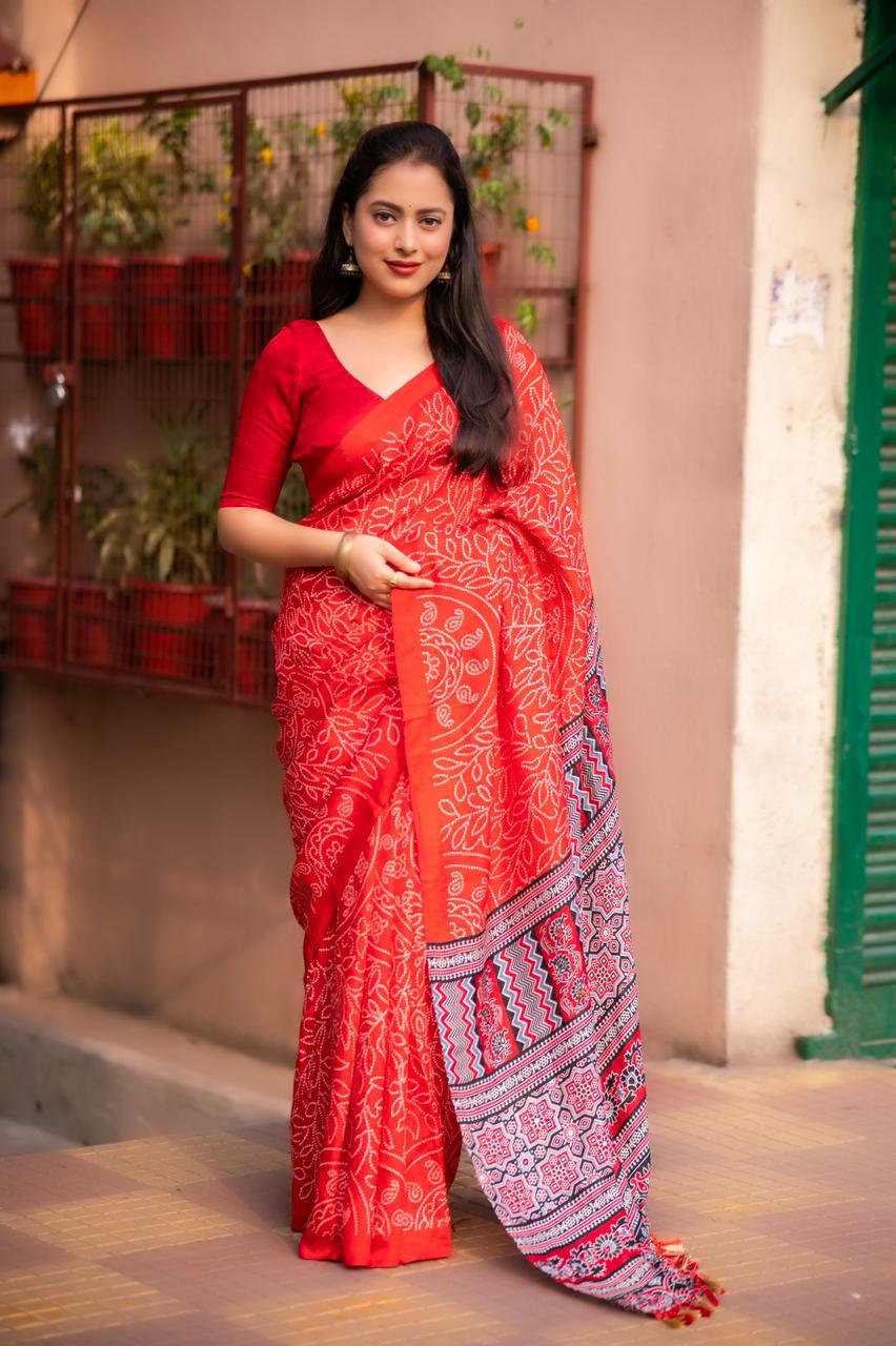Red Silk Blend Ajrak Saree with Unstitched Blouse - Hiral Fashion | Swadesiicart