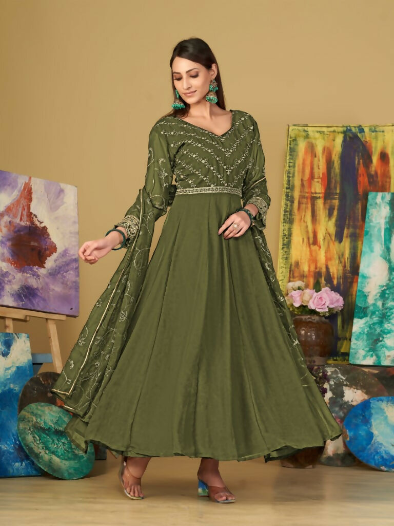 Jyoti Fashion Women's Olive Green Georgette Embroidered Anarkali Kurta Pant Set With Dupatta | Swadesiicart
