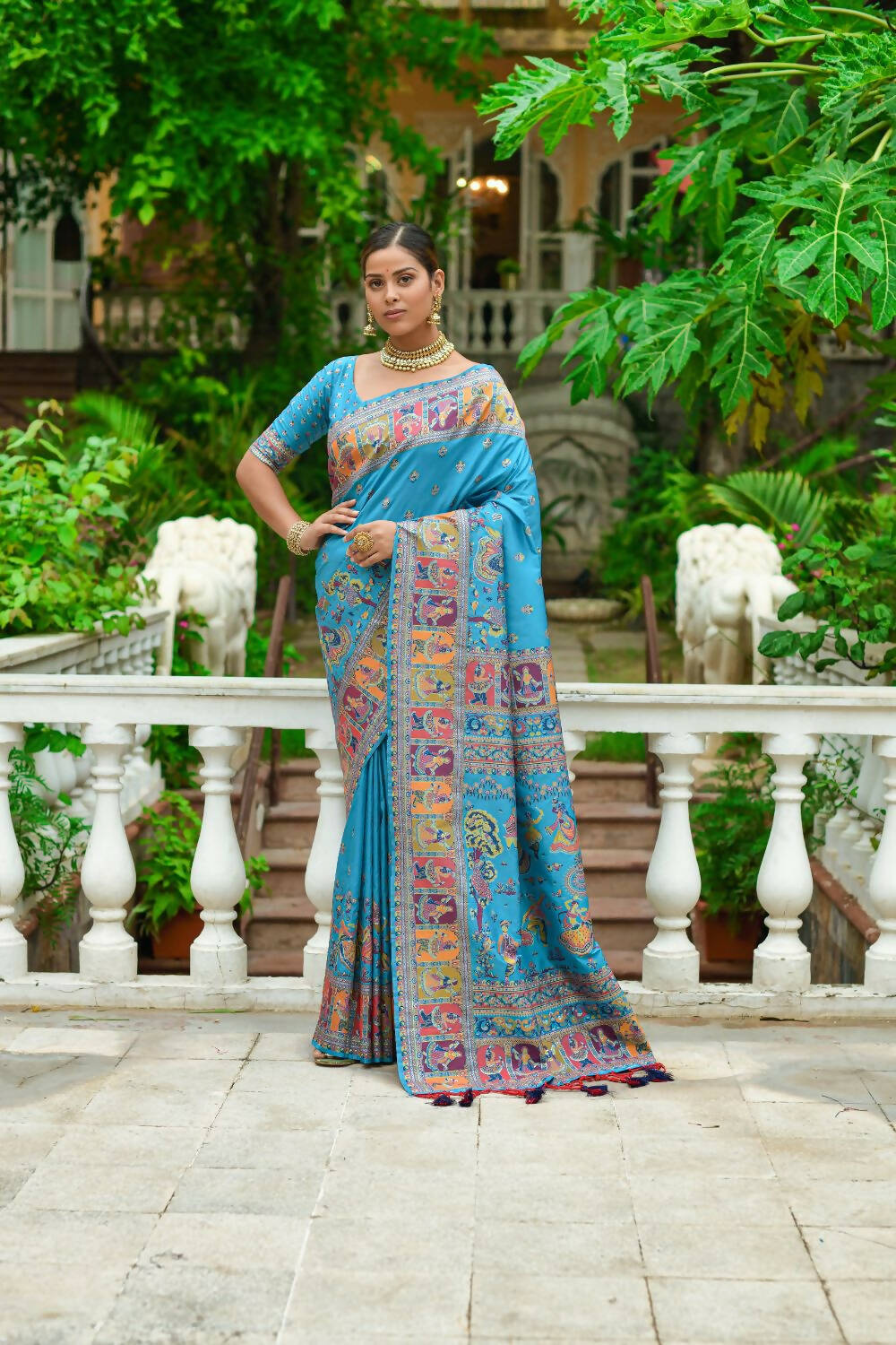 Vishnu Weaves Women's Firozi Banarasi Silk Kashmiri Woven Saree with Blouse - Swadesiicart