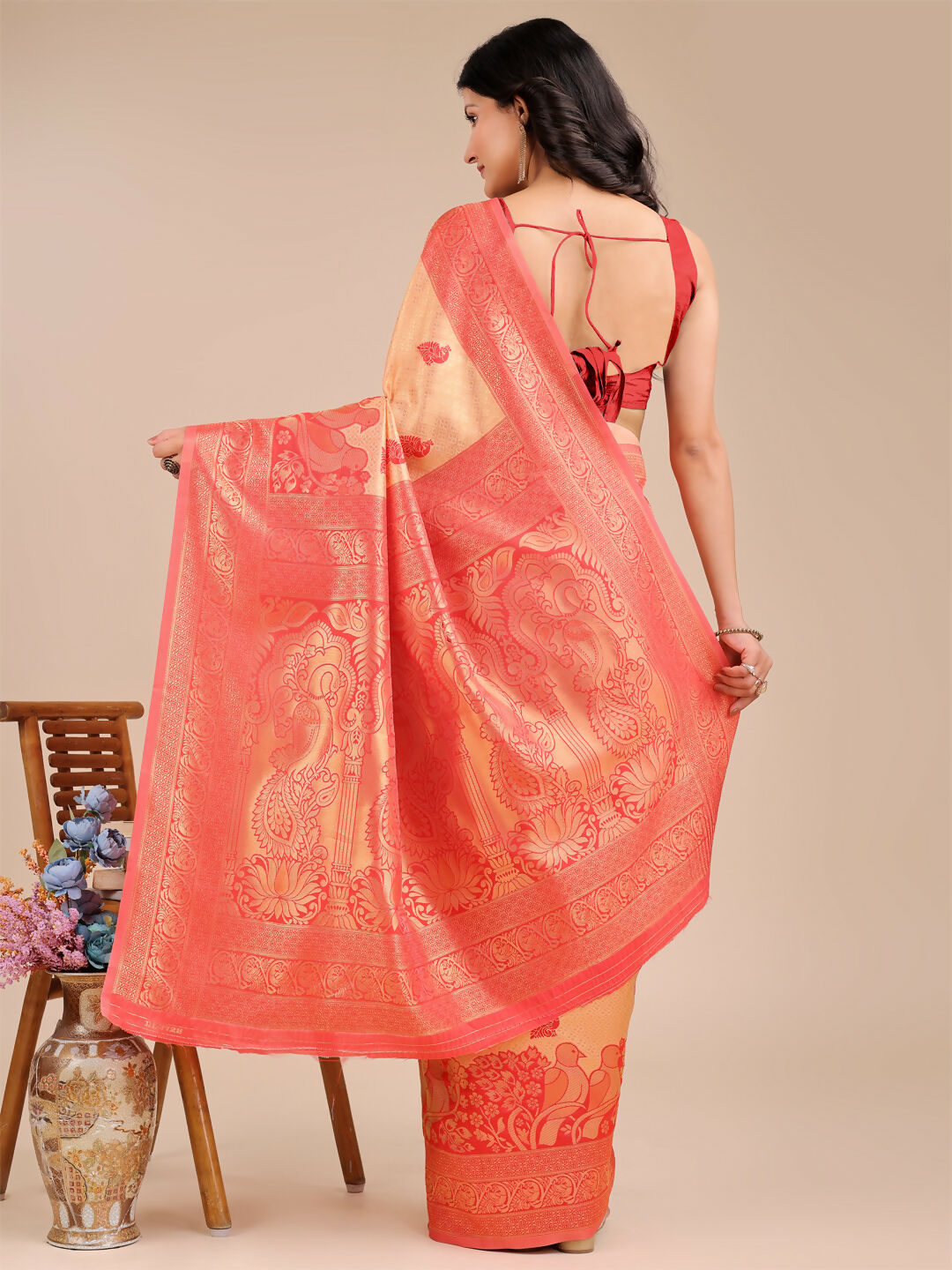 Astita Banarasi Silk Cream & Red Saree | Swadesiicart