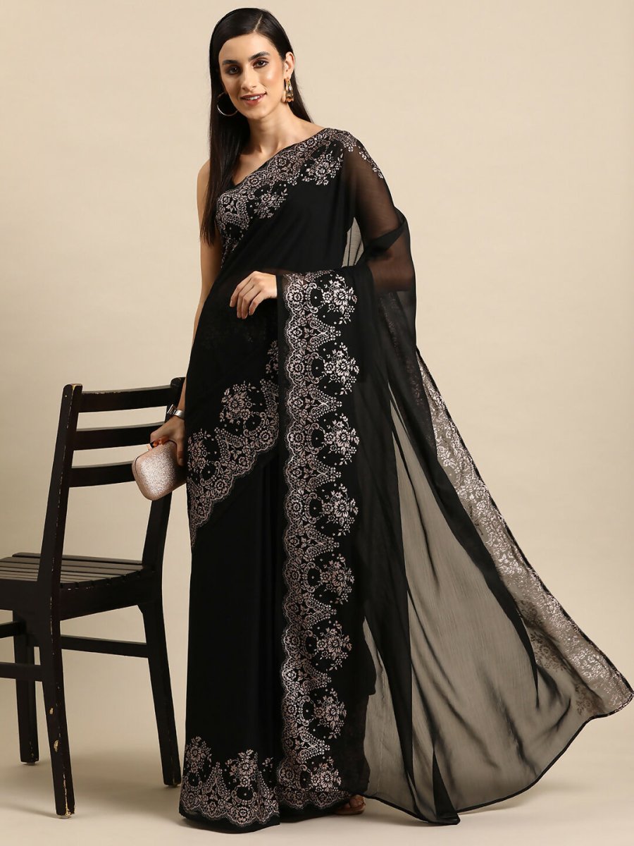 Ahalyaa Women's Traditional Semi Stitch Saree - Black | Swadesiicart
