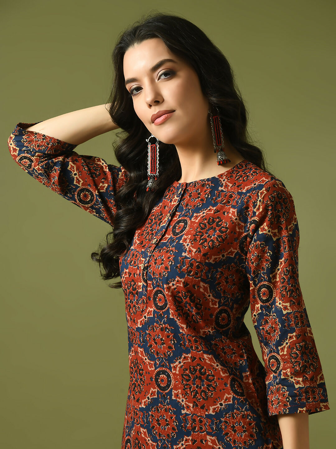 Myshka Women's Multi Printed Cotton Round Neck Party Tunic With Trousers Co-ord set - Swadesiicart
