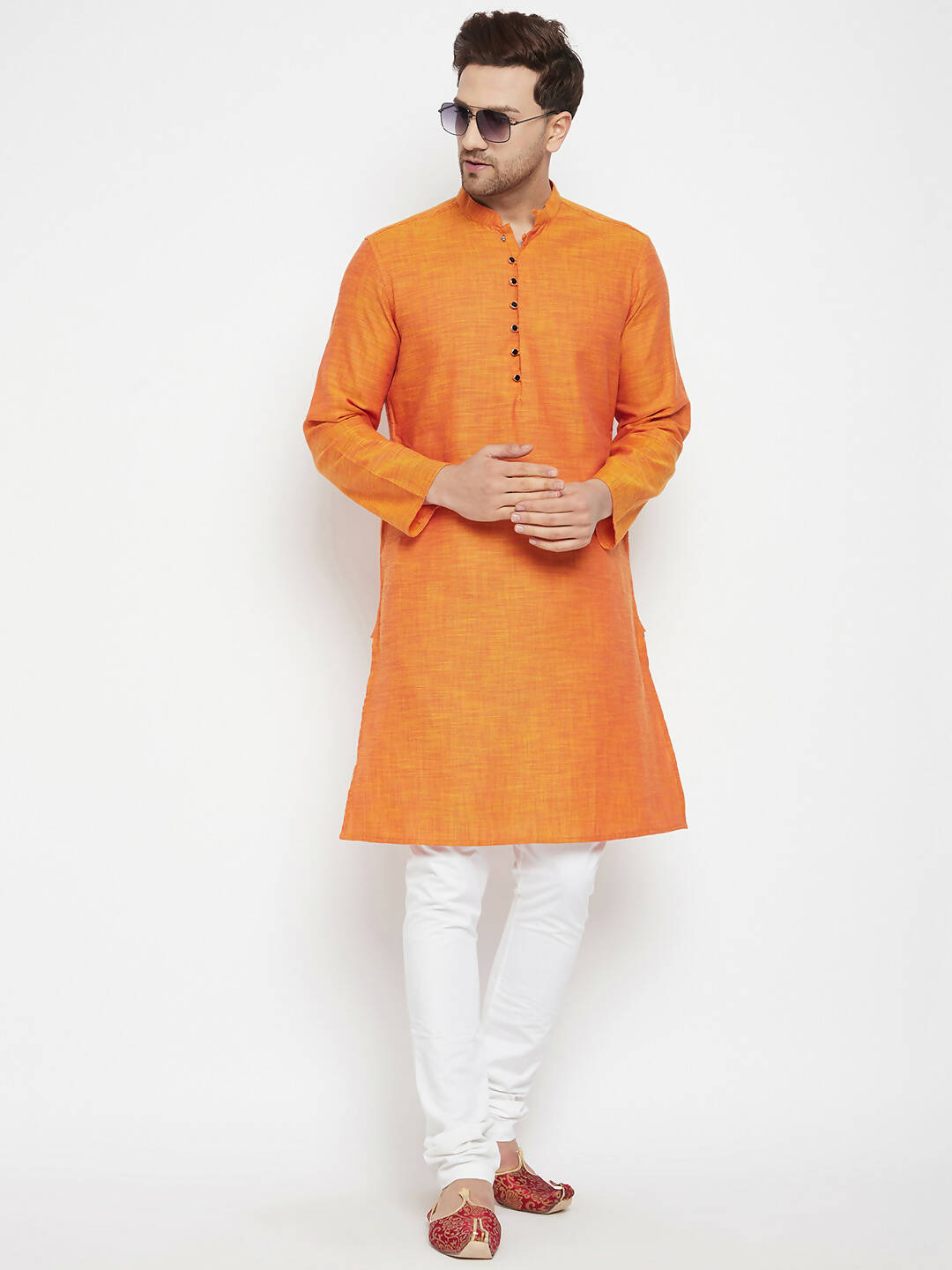 Even Apparels Orange Pure Cotton Long Men's Kurta With Band Collar | Swadesiicart