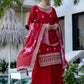 The52 Red Women's Gorgeous Embroidered Vichitra Silk Fabric Straight Kurta, Sharara and Dupatta Set - Swadesiicart