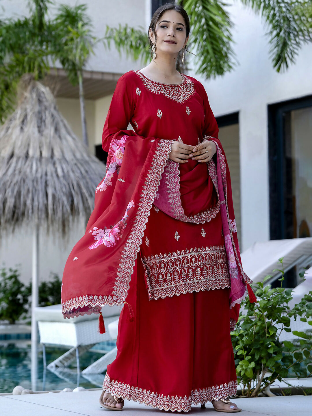 The52 Red Women's Gorgeous Embroidered Vichitra Silk Fabric Straight Kurta, Sharara and Dupatta Set - Swadesiicart