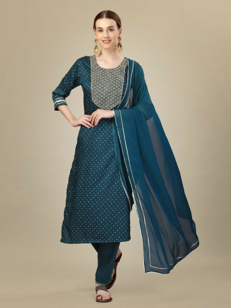 Jyoti Fashion Women's Morpich Silk Blend Embroidery & Sequence work Kurta with Trouser & Dupatta | Swadesiicart