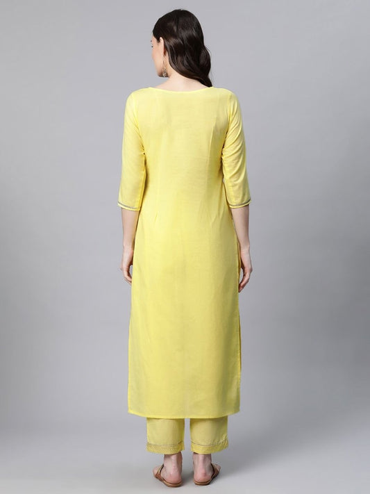 Ahalyaa Women Yellow Pure Cotton Printed Floral Kurta With Trousers | Swadesiicart