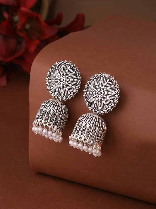NVR Women Silver Toned Dome Shaped Jhumkas Earrings | Swadesiicart