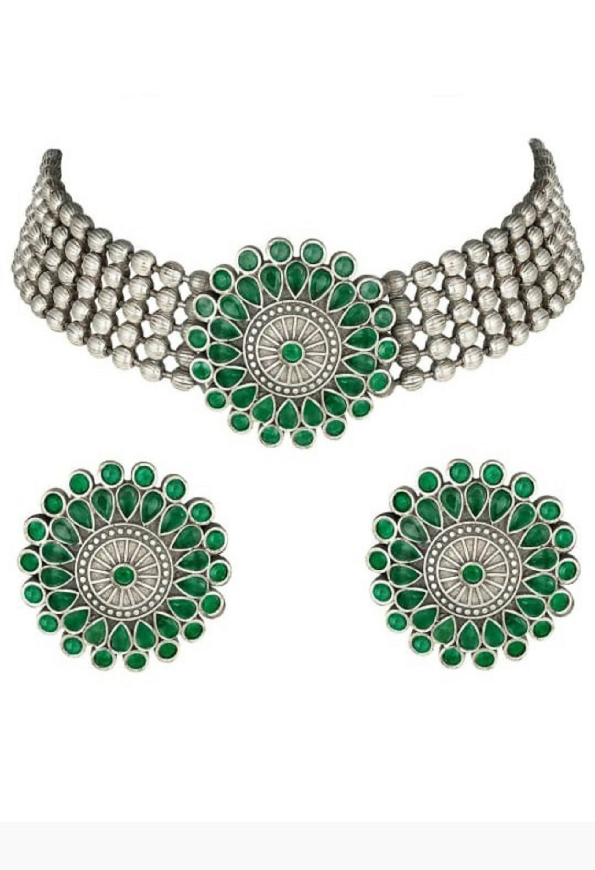Mominos Fashion Johar Kamal Oxidised Silver-Plated Brass Finish Kundan Choker For Women (Green) | Swadesiicart