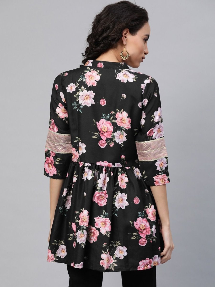 Ahalyaa Women Black Rayon Floral Print Tunic | Swadesiicart