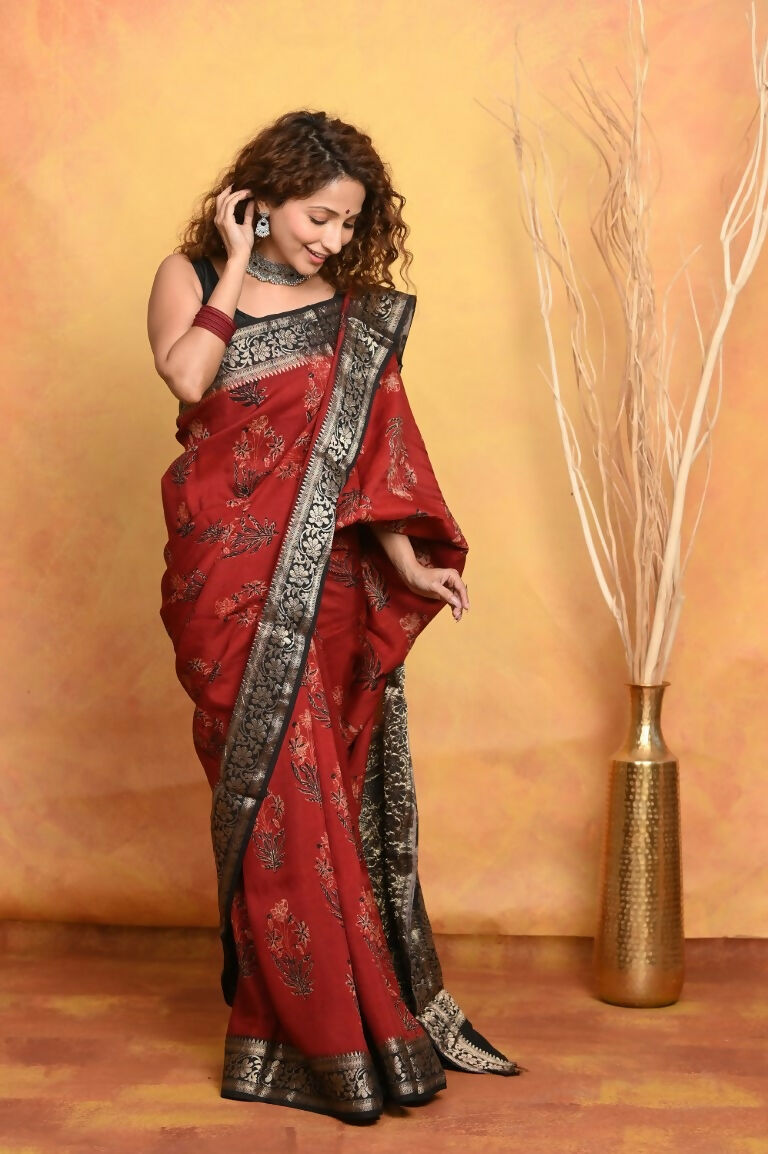 Very Much Indian Modal Silk Ajrakh Handblock Printed Natural Dyes With Designer Border Saree - Red | Swadesiicart