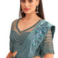 Blue Satin Embroidered Ready To Wear Saree With Unstitched Blouse Piece - Nandika | Swadesiicart