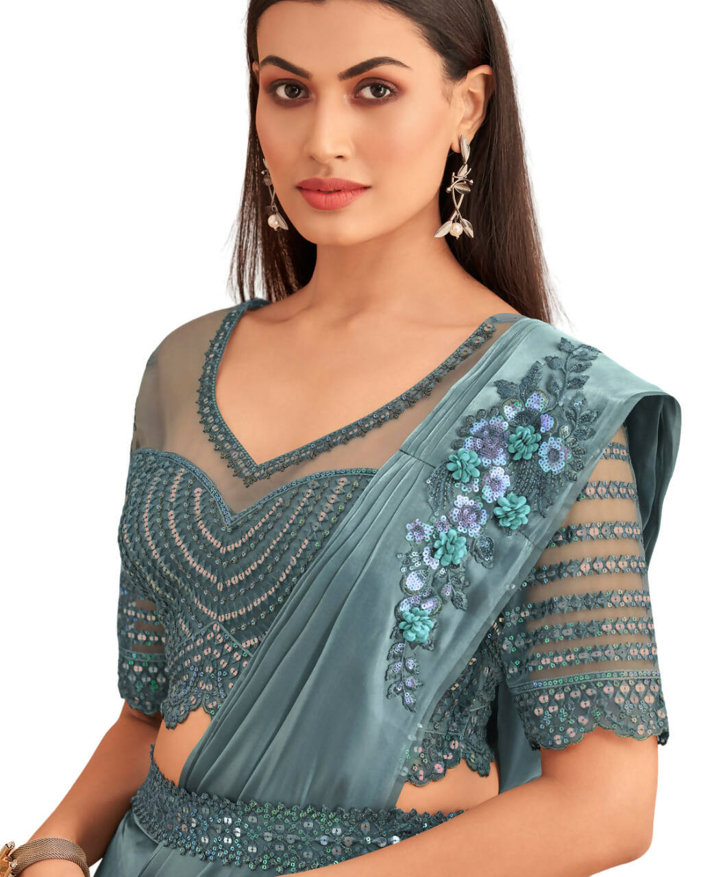 Blue Satin Embroidered Ready To Wear Saree With Unstitched Blouse Piece - Nandika | Swadesiicart